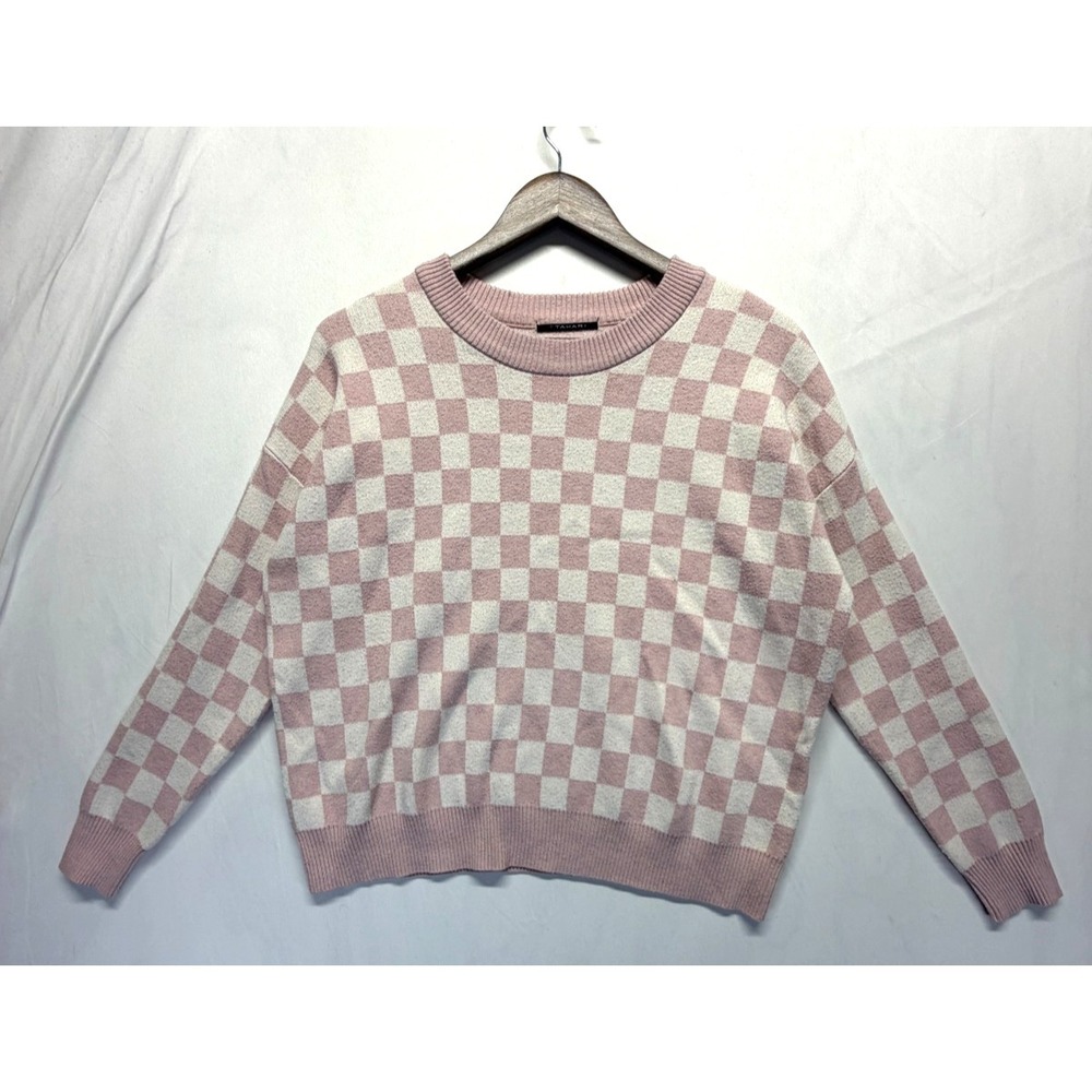 T Tahari Sweater Womens‎ Small Pink White Checkerboard Tight Knit Ribbed Winter